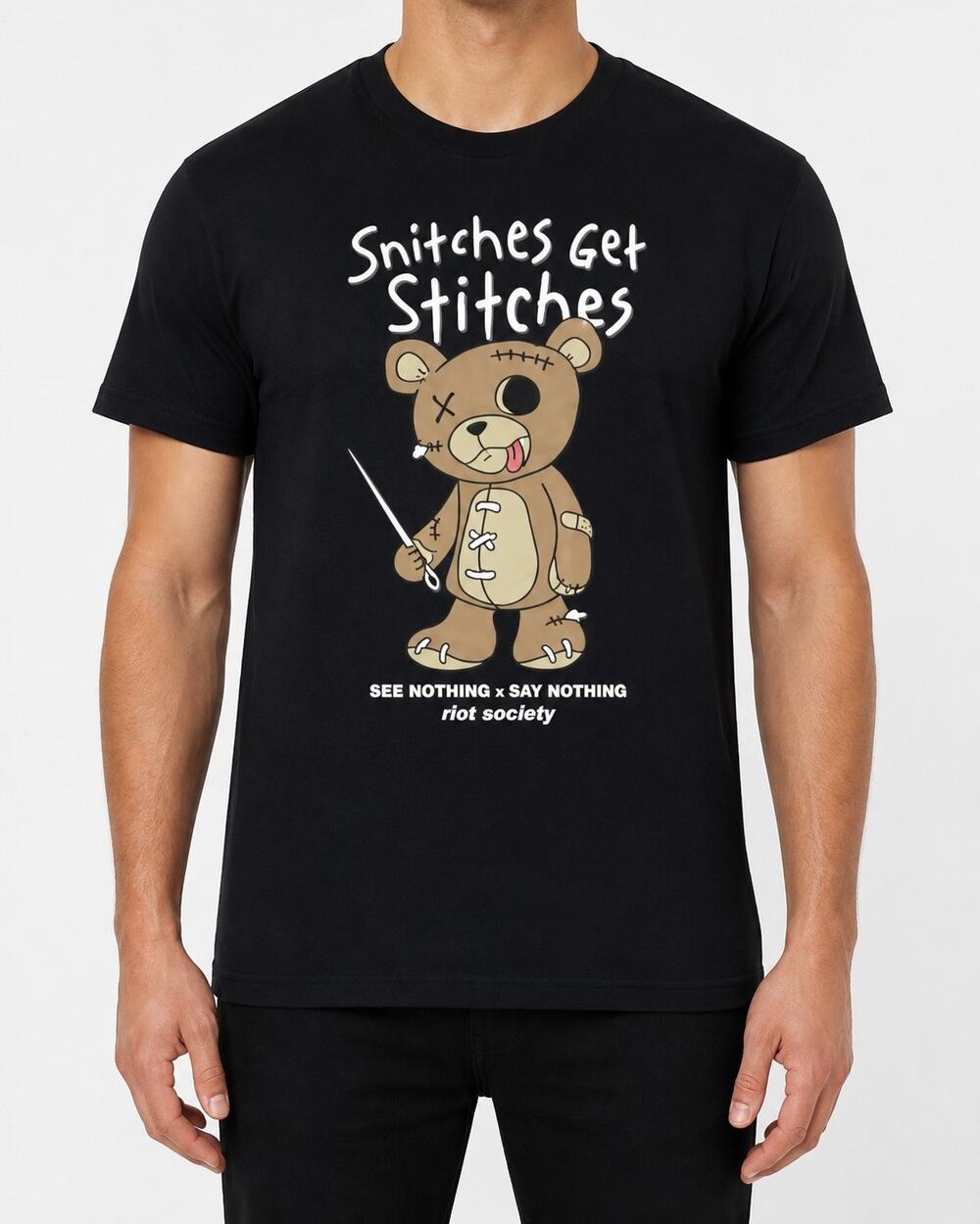 NWOT Riot Society Shirt Mens Medium Black Snitches Get Stitches Short Sleeve
